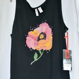 Black Cotton Tank Top with Floral Design. New with Tags
